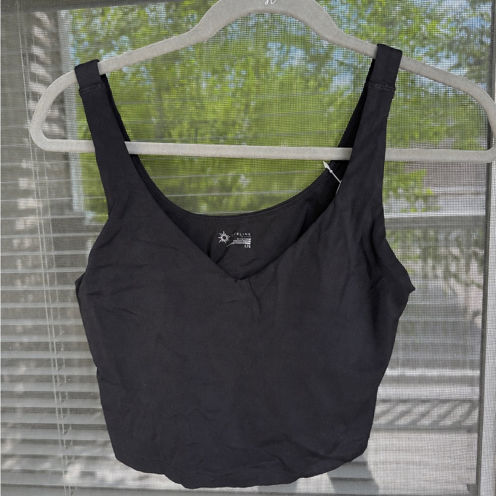 Aerie OFFLINE Black V-Neck Cropped Tank Top Built In Sports Bra! NWT
